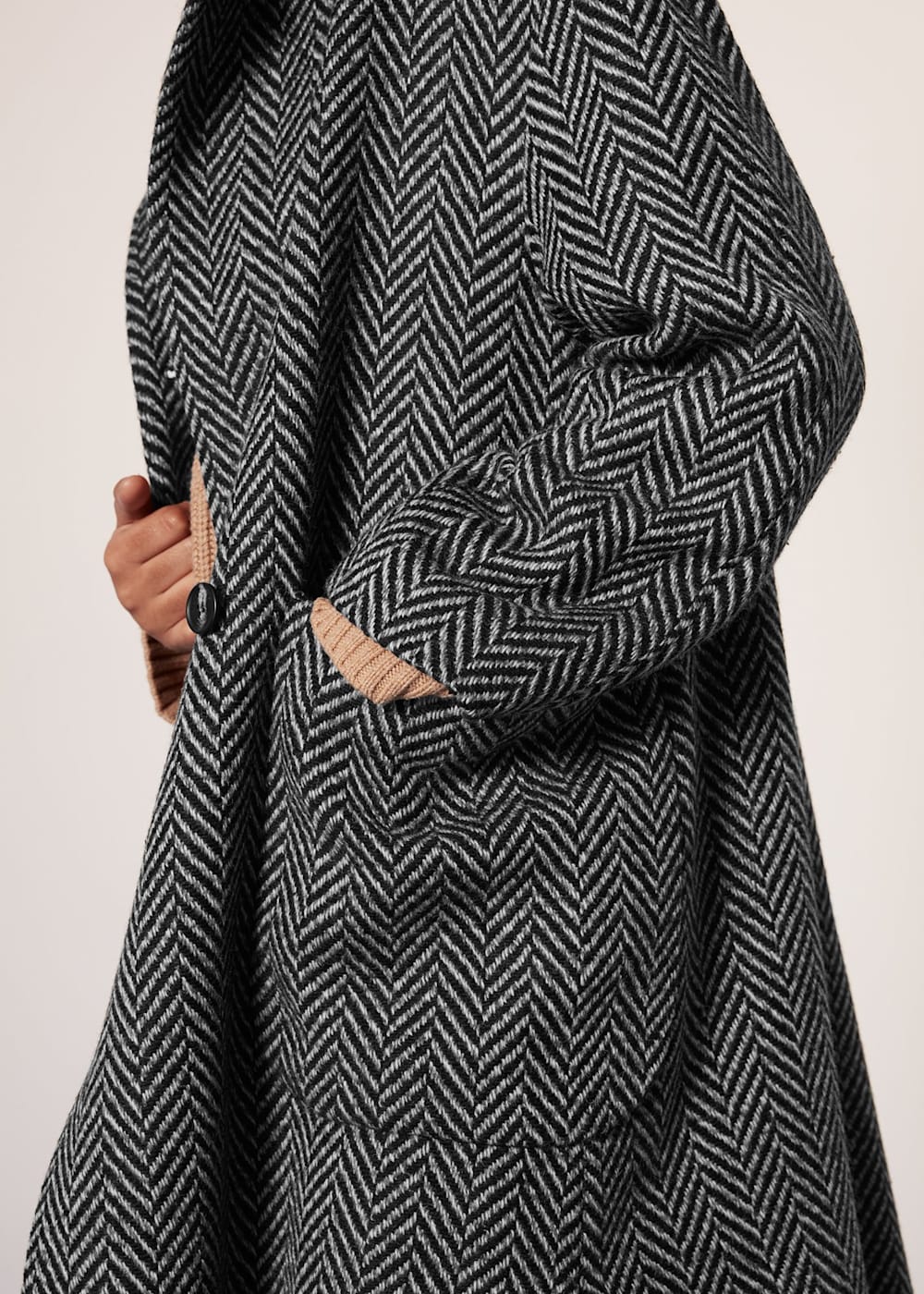 Black White Herringbone Funnel Neck Coat WHISTLES Whistles UK