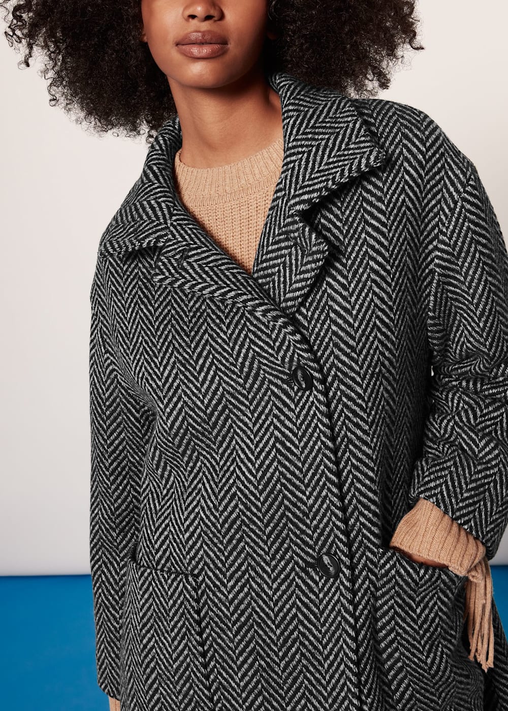 Black White Herringbone Funnel Neck Coat WHISTLES Whistles UK