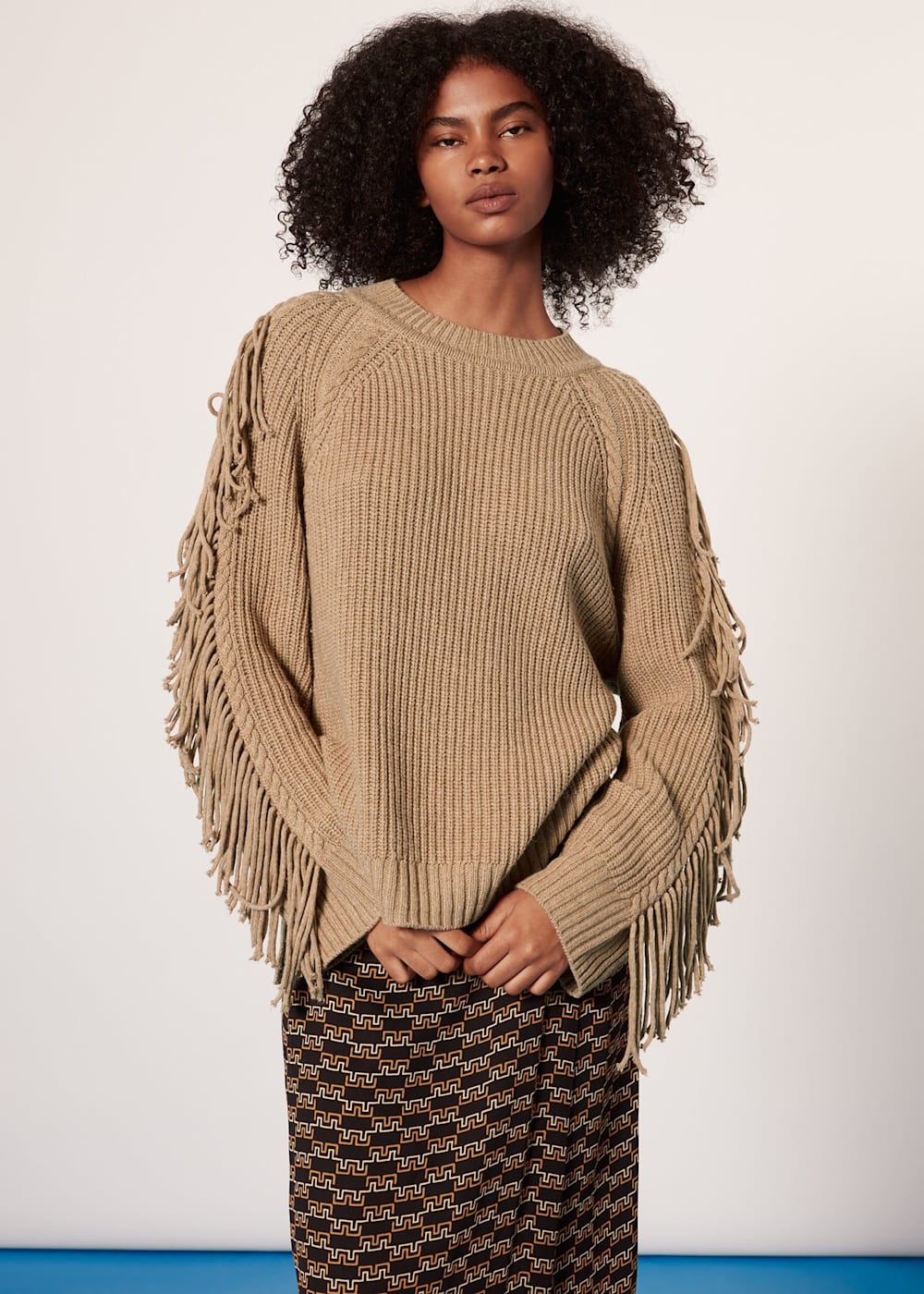 Camel Fringe Sleeve Cable Sweater WHISTLES Whistles ROW