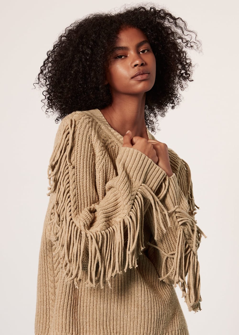 Camel Fringe Sleeve Cable Sweater WHISTLES Whistles US