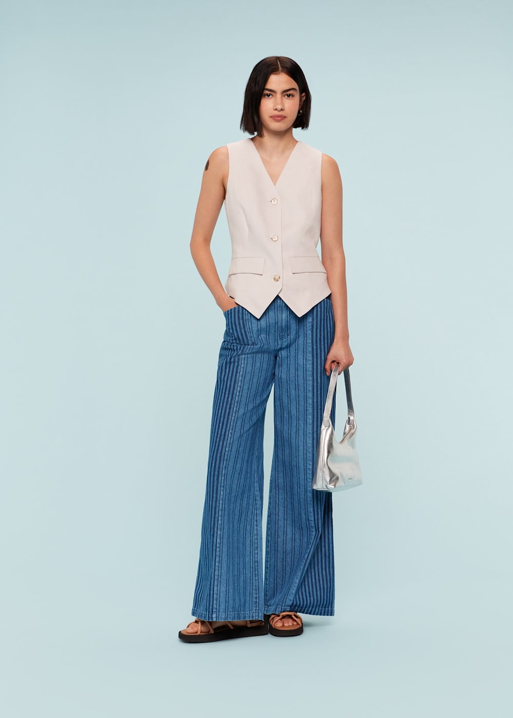 Striped denim bell bottoms deals