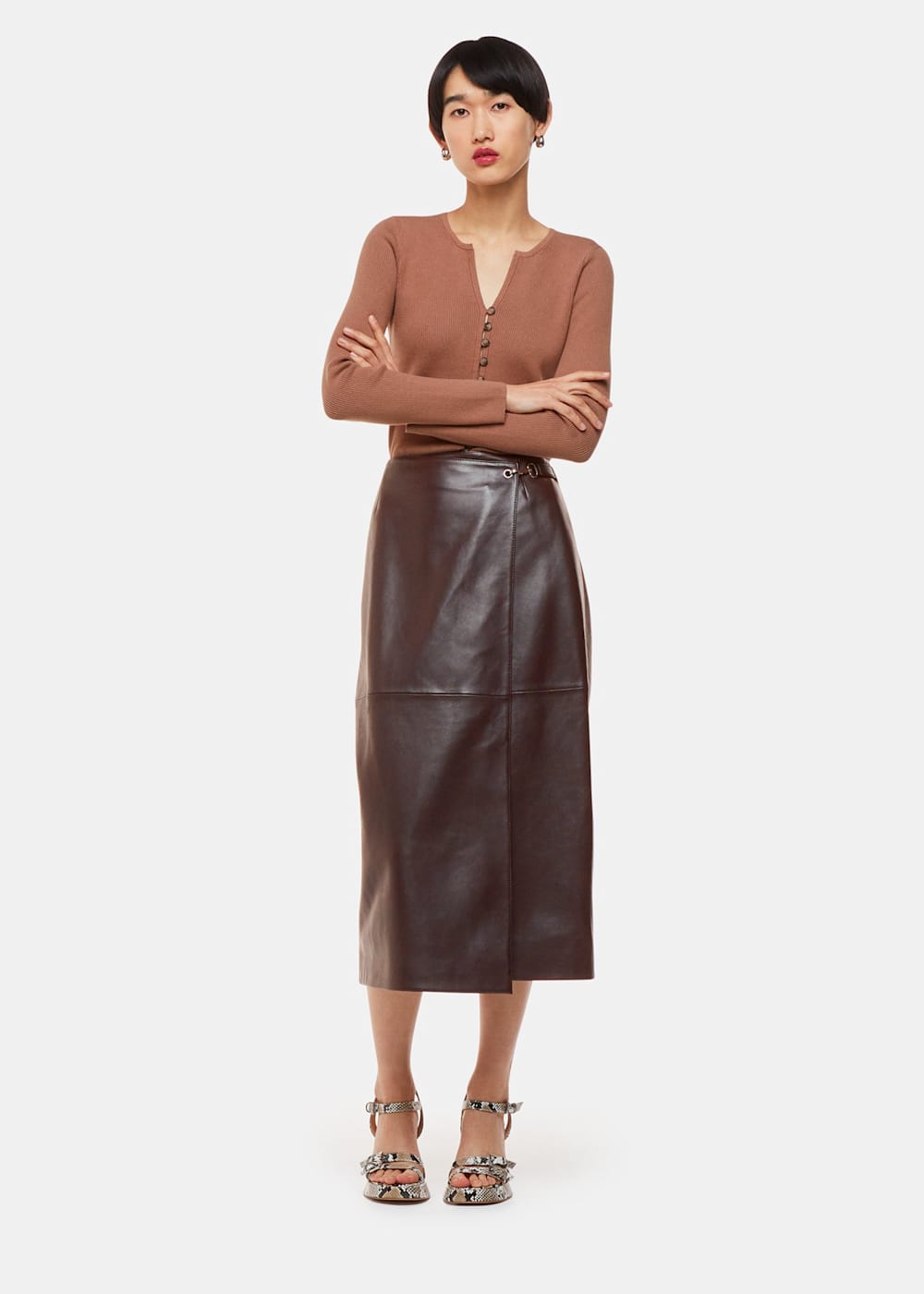 Brown leather wrap skirt sale
