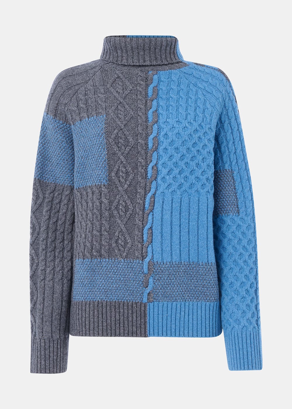 Blue/Multi Patchwork Cable Knit Sweater | WHISTLES Blue/Multi Patchwork Cable Knit Sweater | WHISTLES
