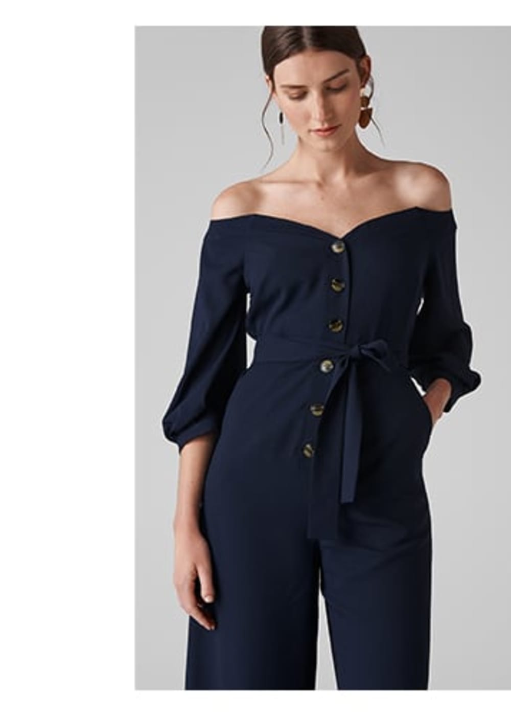 Off the shoulder navy jumpsuit clearance