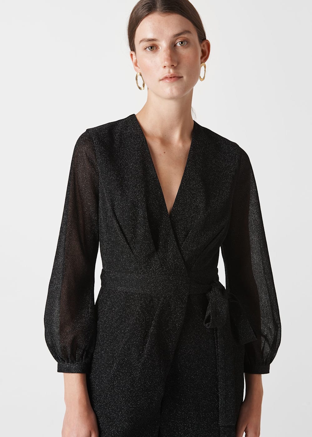 Black Metallic Wrap Tie Jumpsuit WHISTLES Whistles US