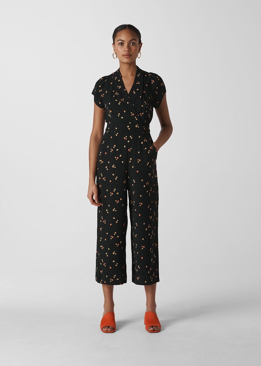 Black Multi Micro Floral Tie Back Jumpsuit WHISTLES