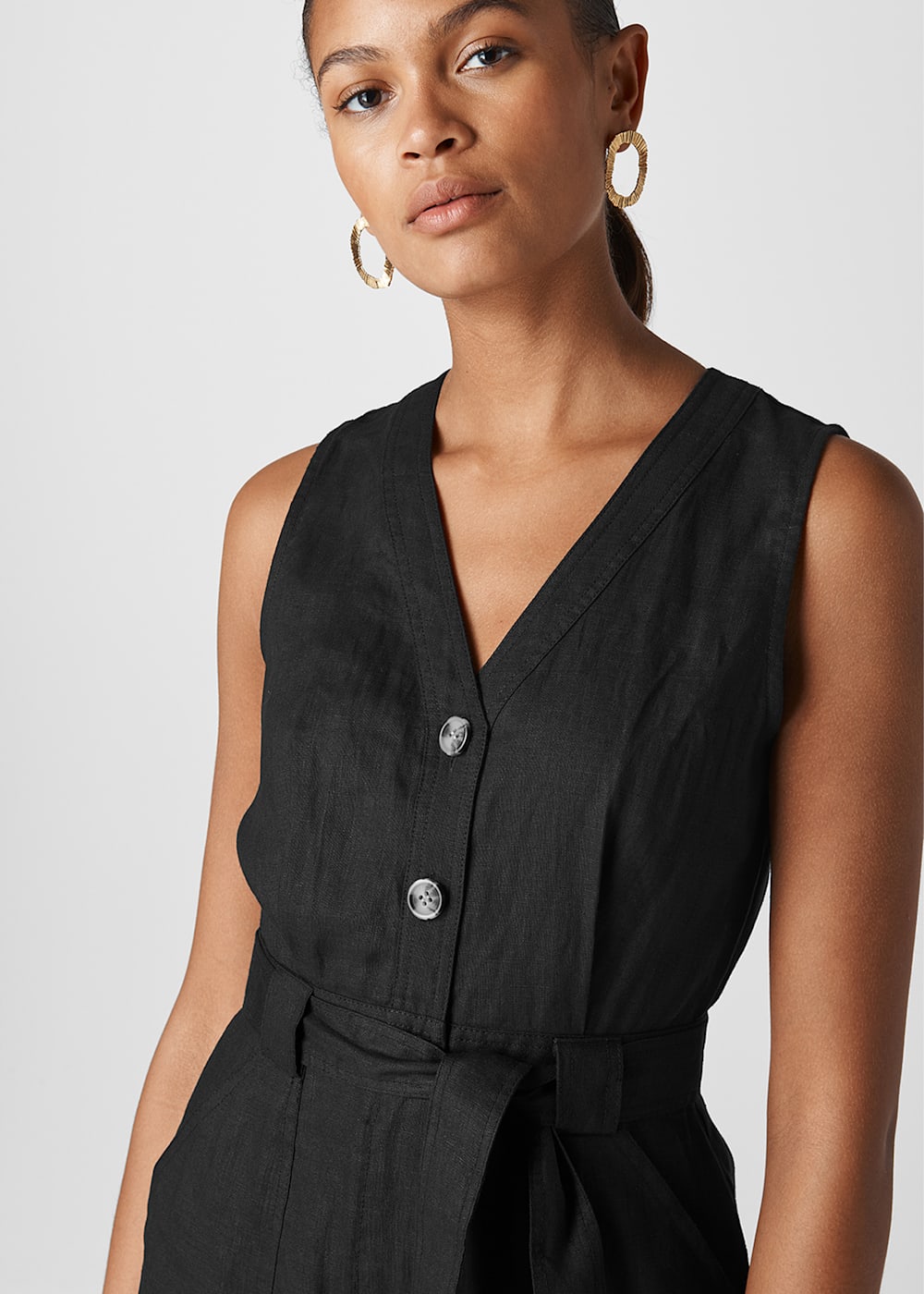 Black Linen Button Detail Playsuit WHISTLES Whistles UK