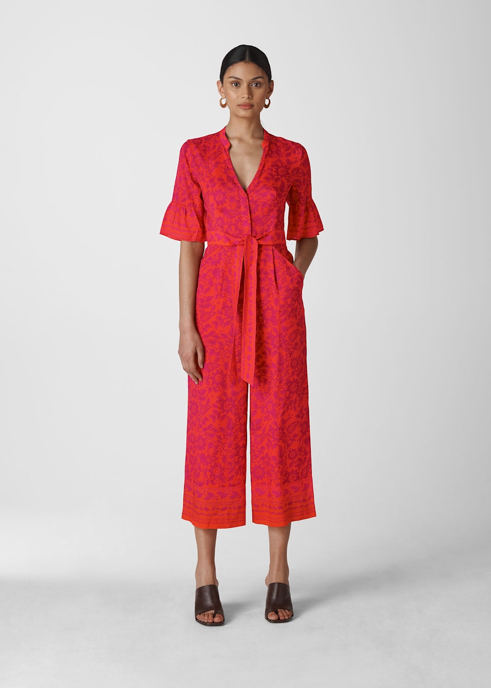 Pink Multi Henna Print Tie Front Jumpsuit WHISTLES Whistles UK