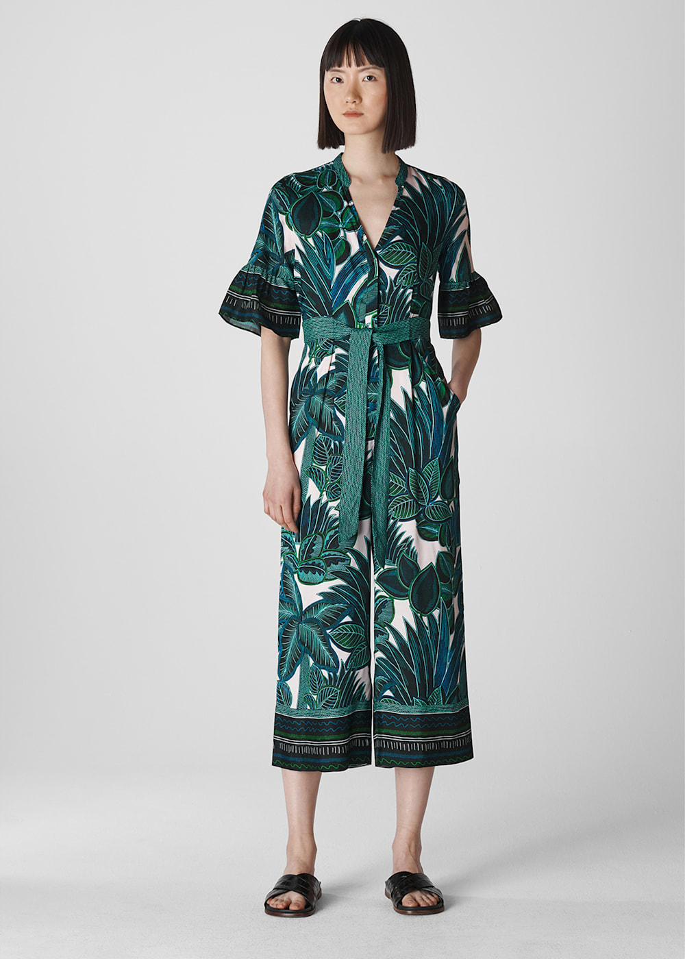 Blue Multi Palm Print Tie Front Jumpsuit WHISTLES Whistles UK