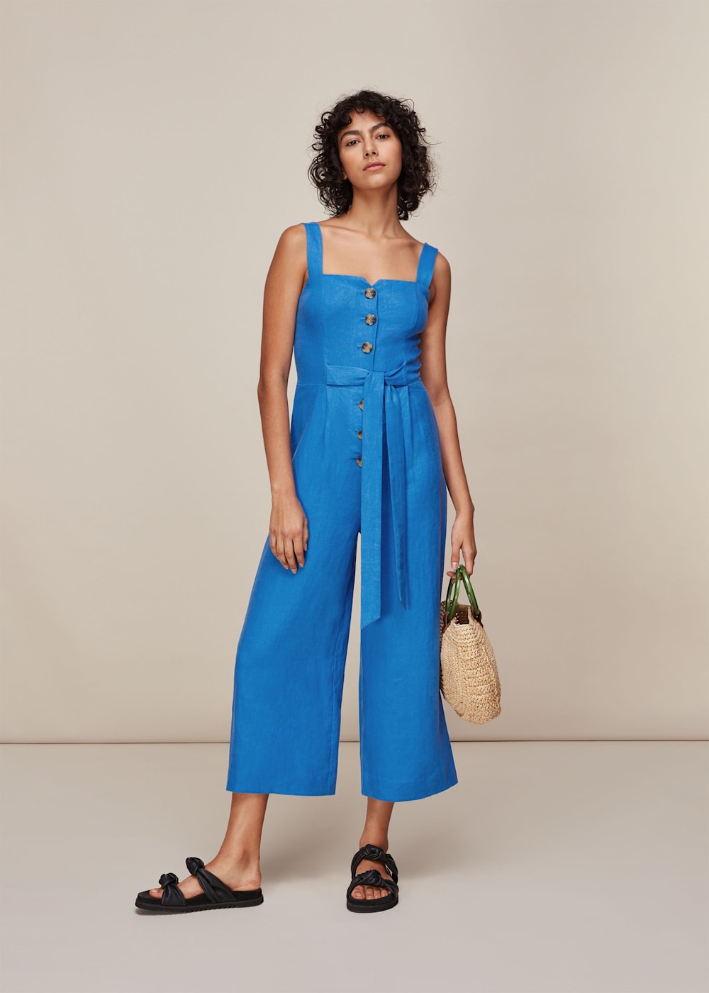 Blue linen overalls store