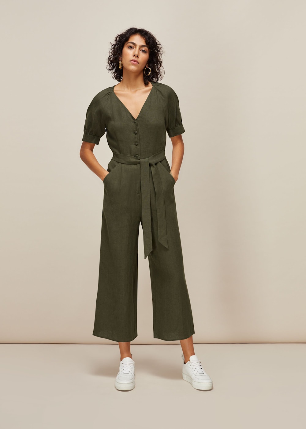 Khaki linen overalls online