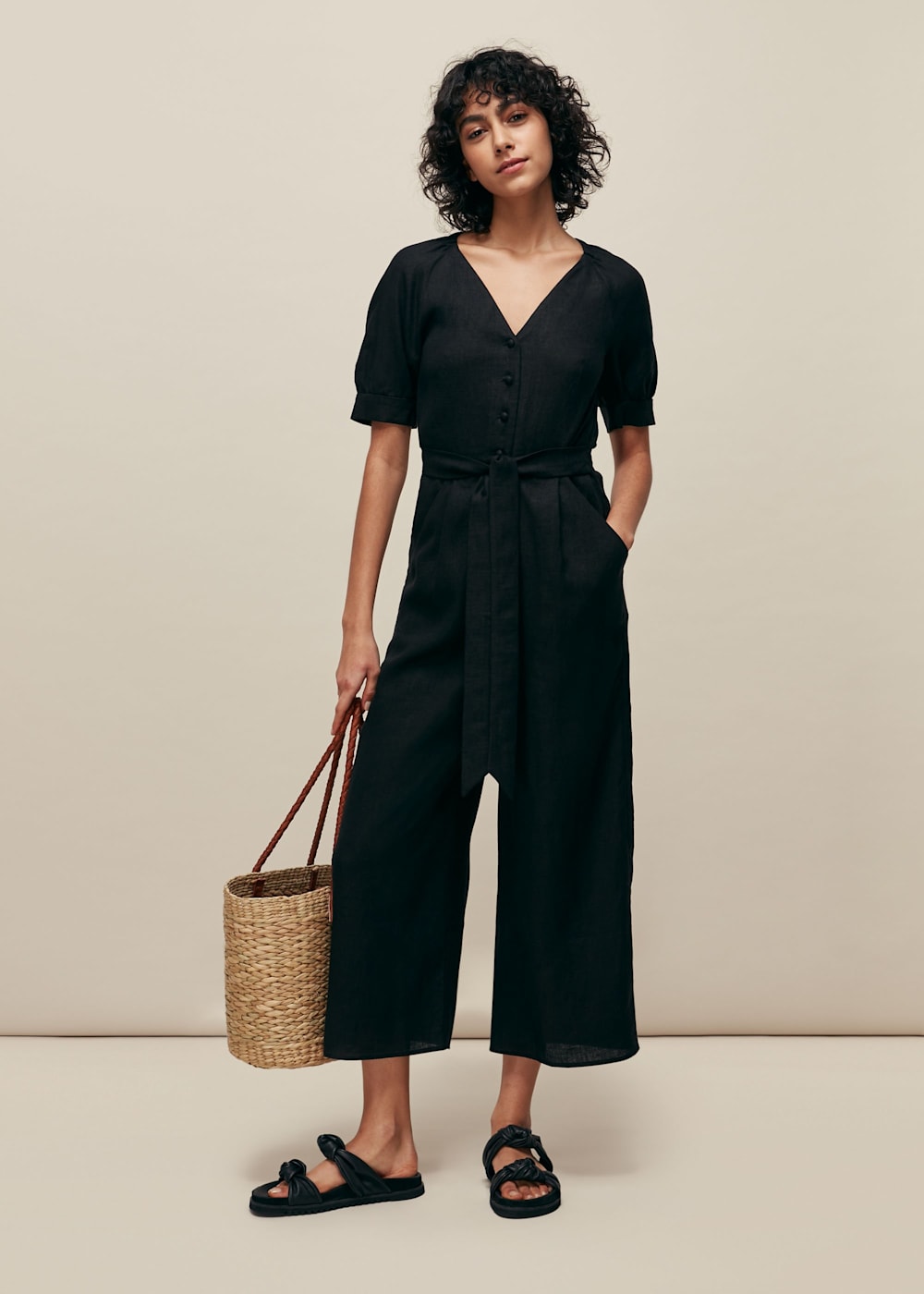 Linen jumpsuit black cheap