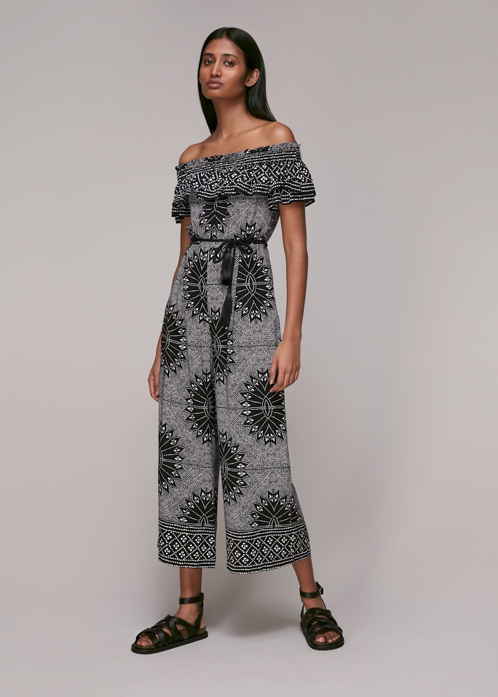 Black Multi Bleached Print Bardot Jumpsuit WHISTLES Whistles UK