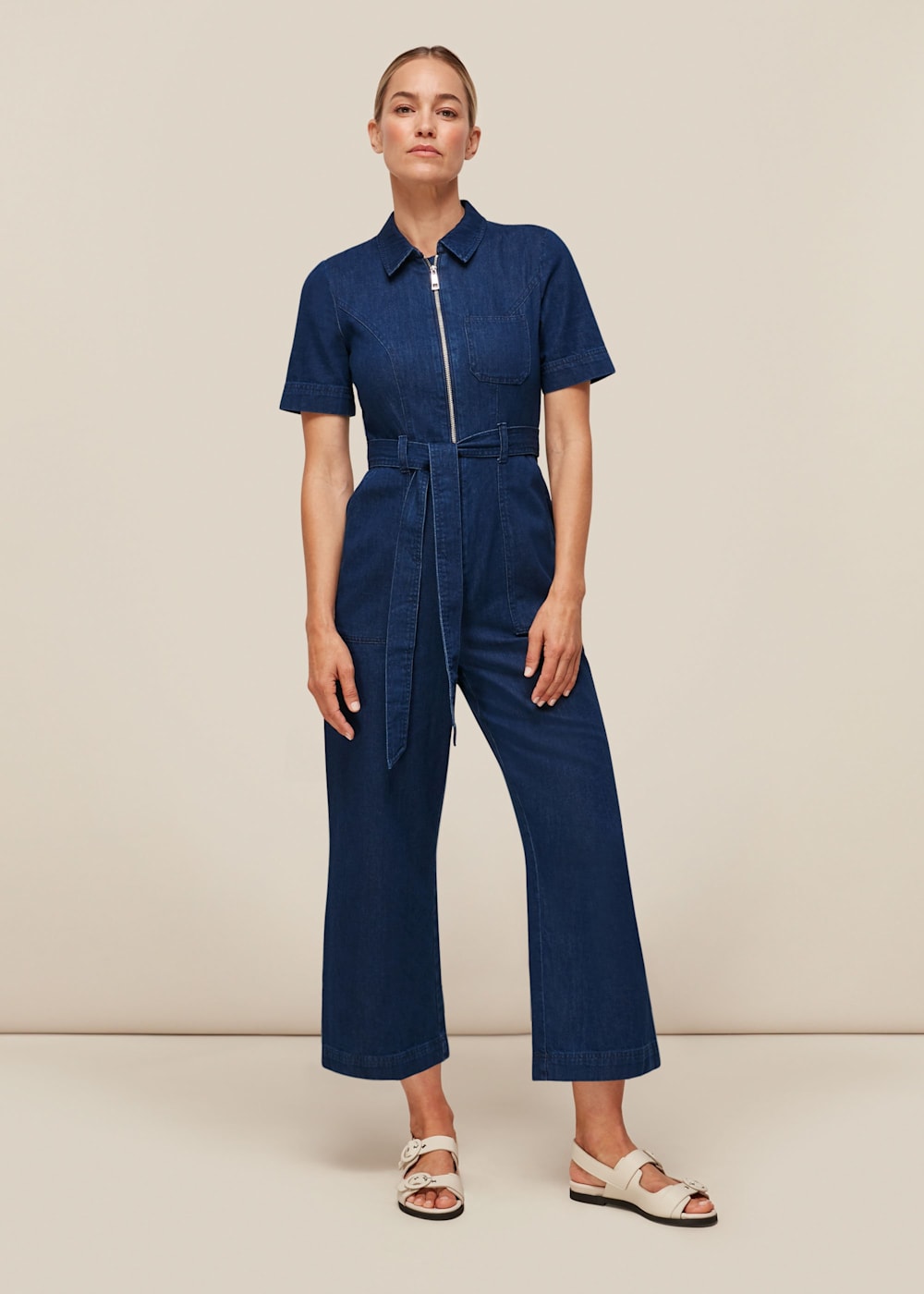 Denim tie waist jumpsuit hot sale