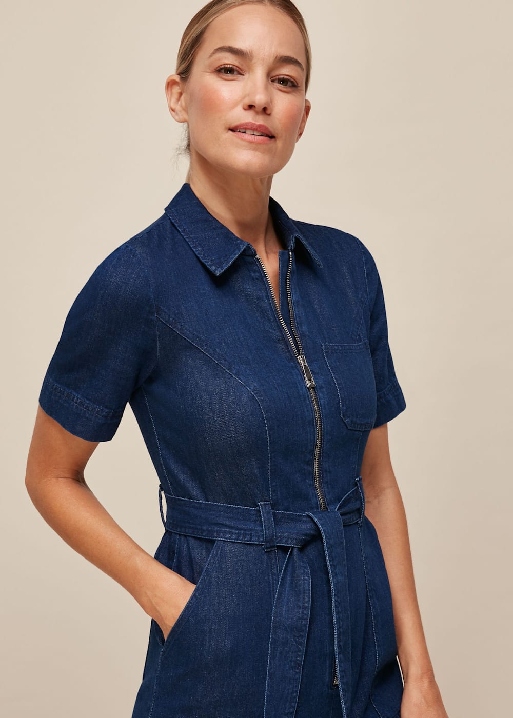 Tie waist denim jumpsuit cheap