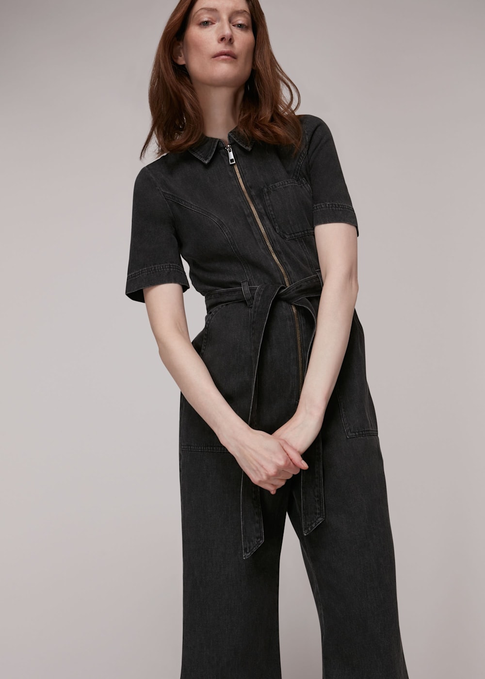 Black Tie Waist Denim Jumpsuit WHISTLES Whistles US