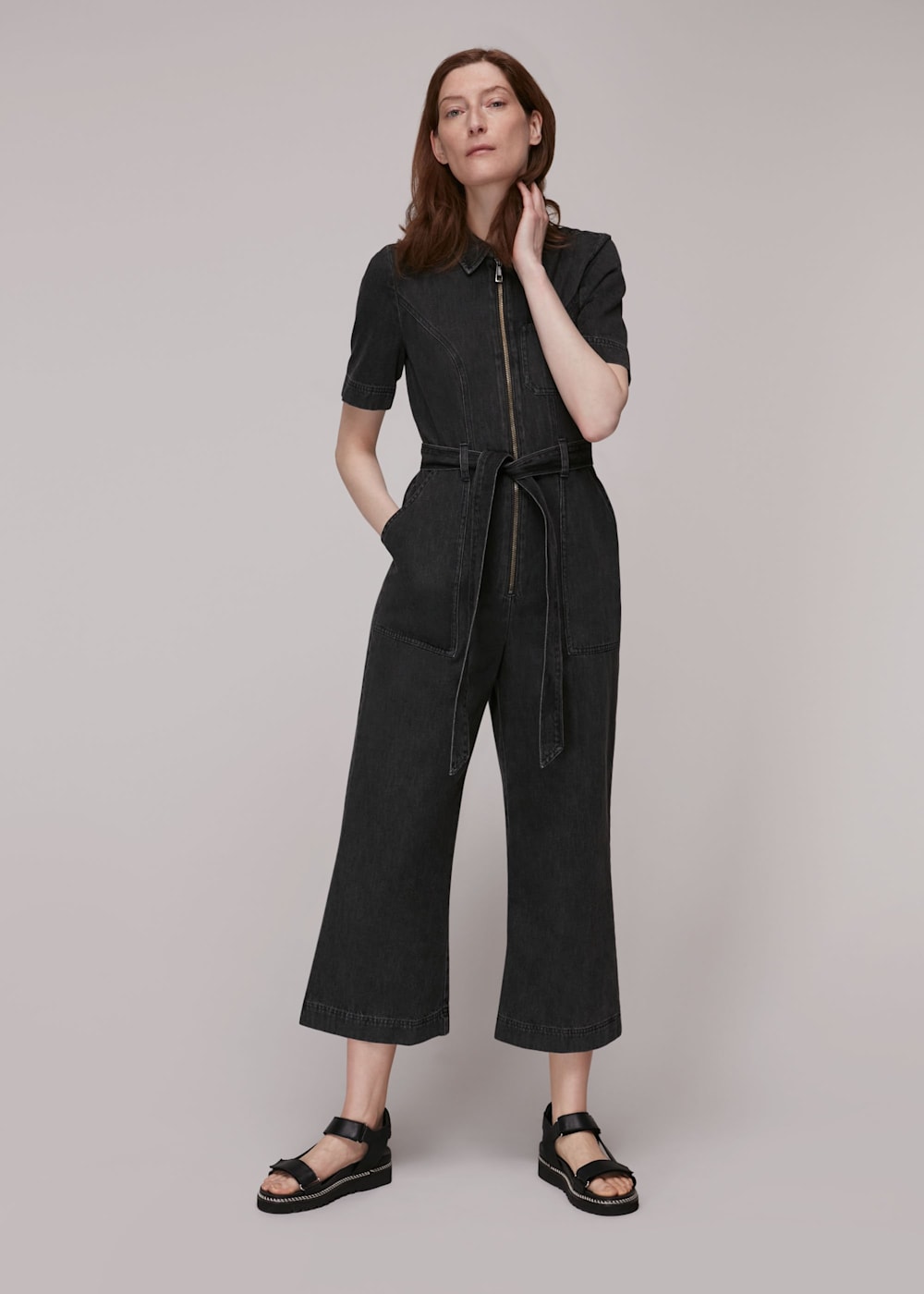 Tie waist denim jumpsuit online
