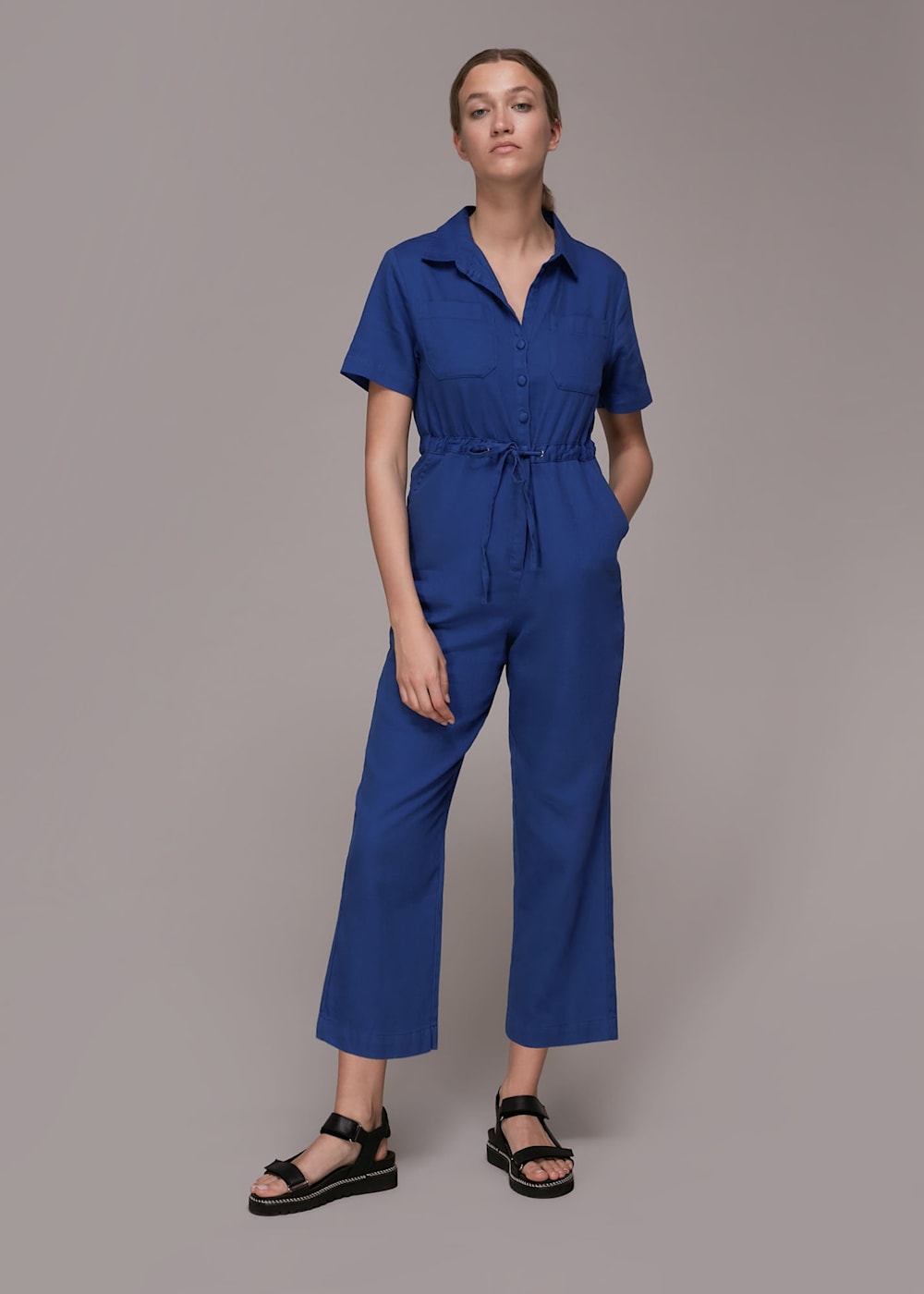 Blue Nova Tie Detail Jumpsuit WHISTLES Whistles US