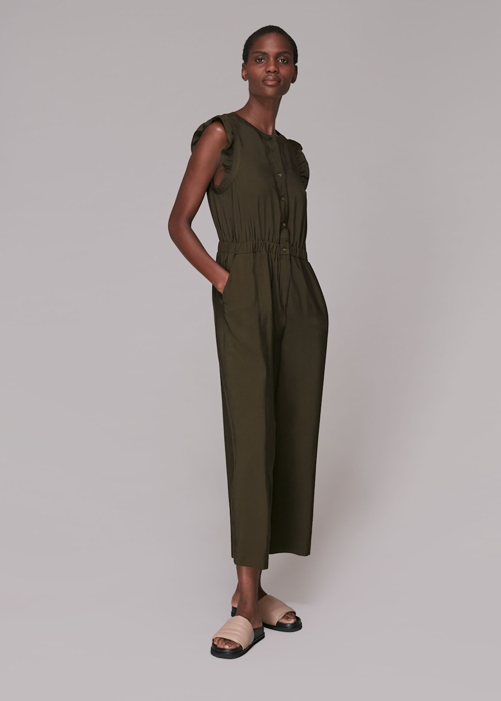 Khaki green jumpsuit sales