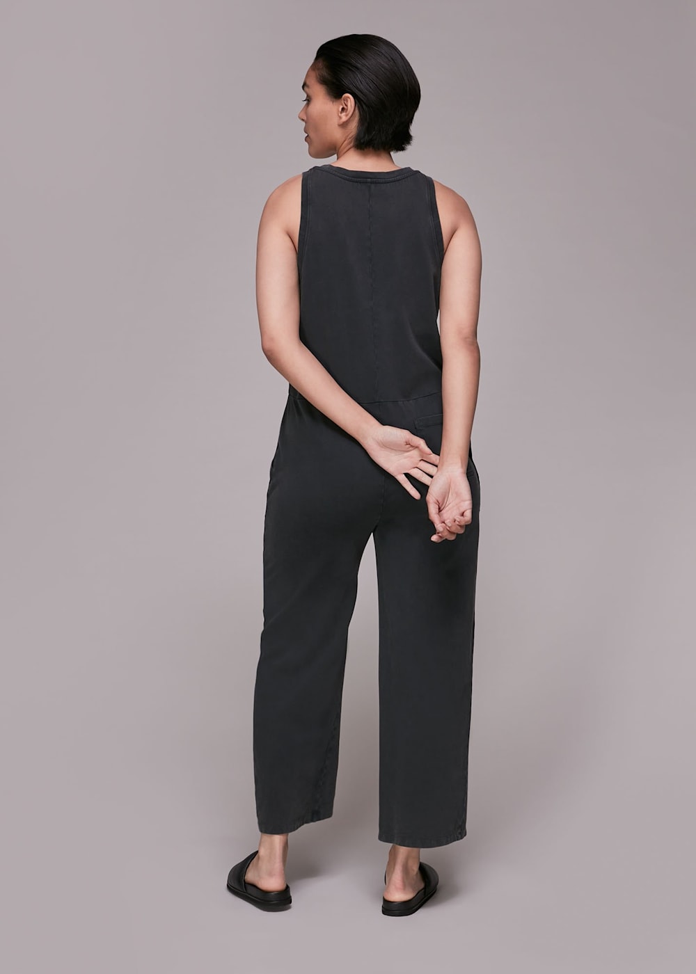 Black button front jumpsuit top