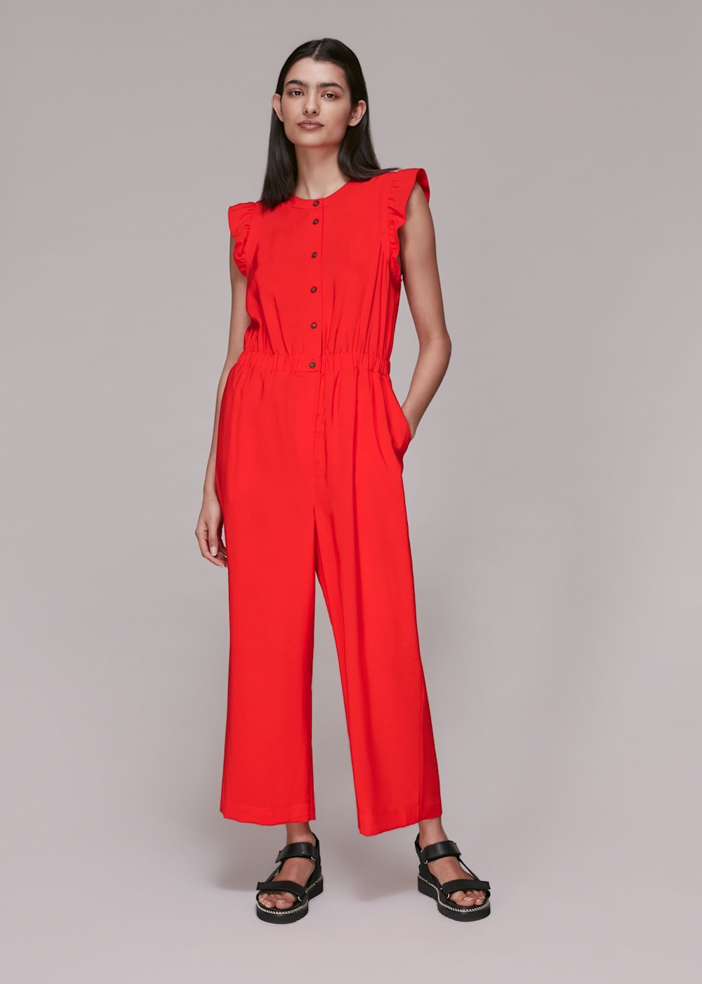 Red Frill Sleeve Button Jumpsuit WHISTLES Whistles US
