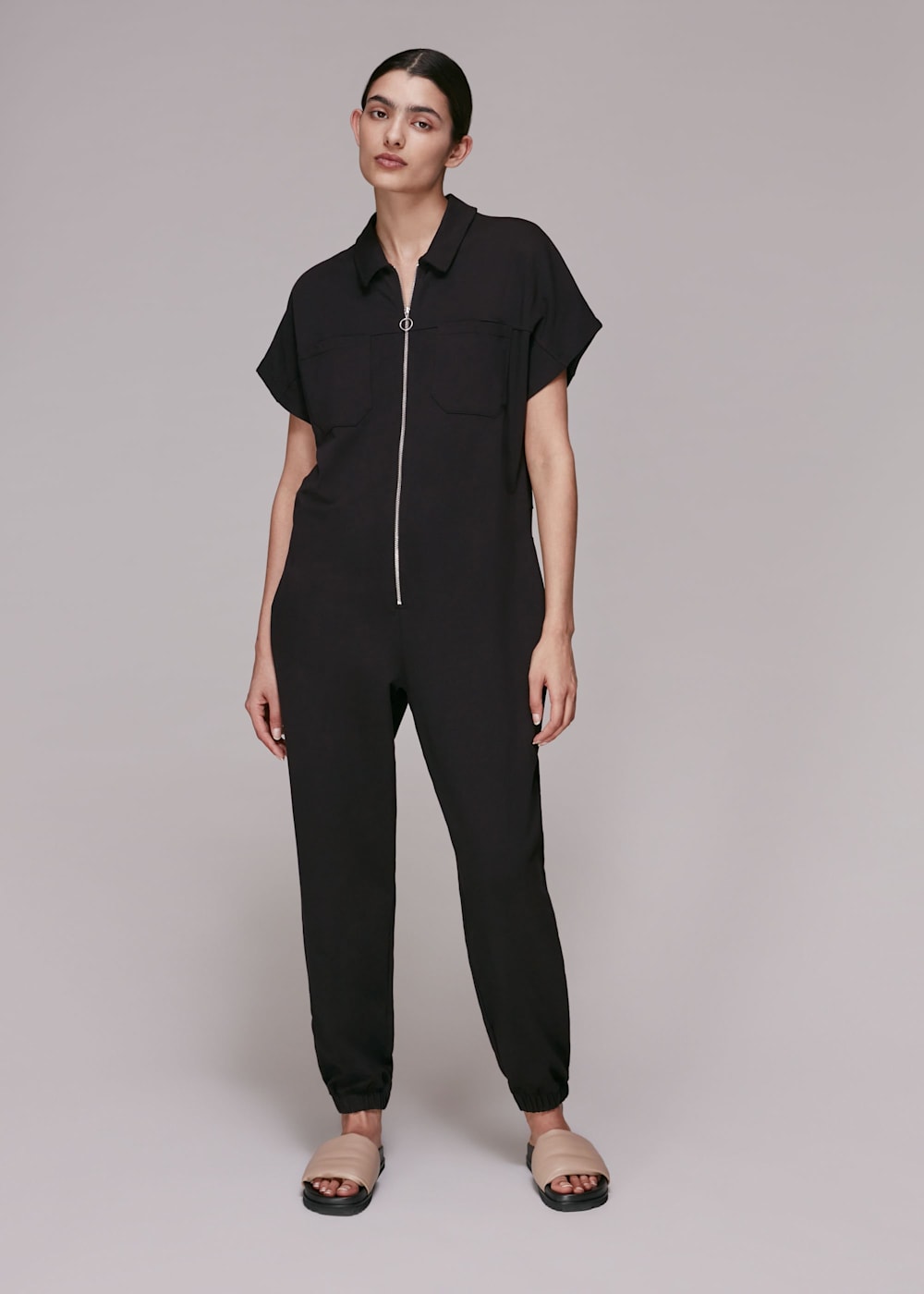 Whistles Ruby Zip Front Jersey Jumpsuit Black Size 2