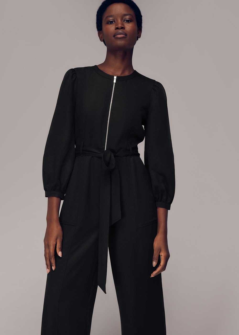 Black zip front jumpsuit 2025