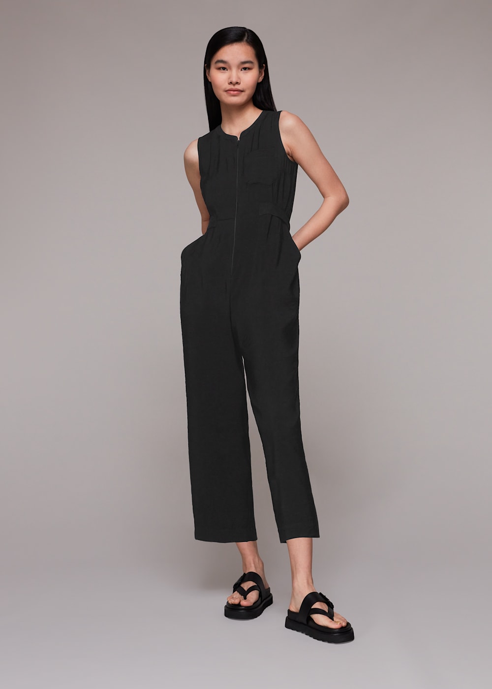 Black zip front jumpsuit cheap