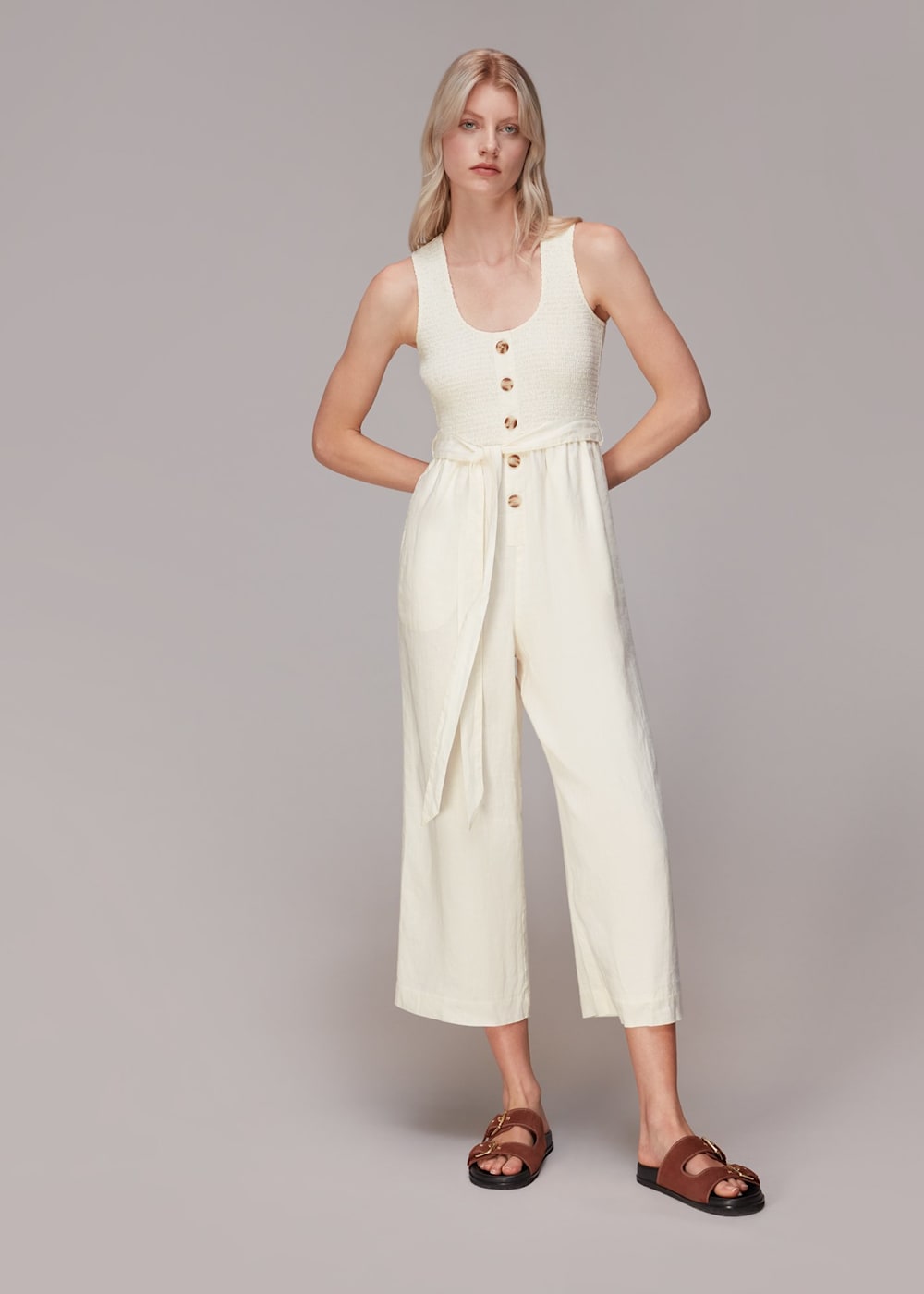 Ivory Shirred Linen Jumpsuit WHISTLES Whistles UK
