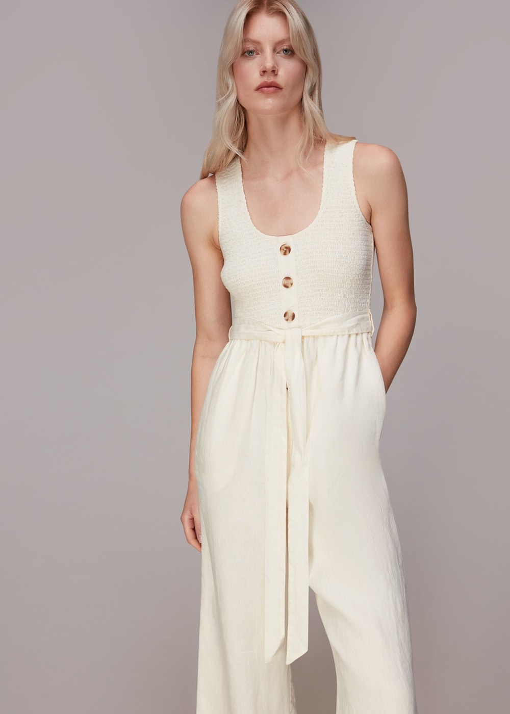 Ivory Shirred Linen Jumpsuit | WHISTLES | Whistles US |
