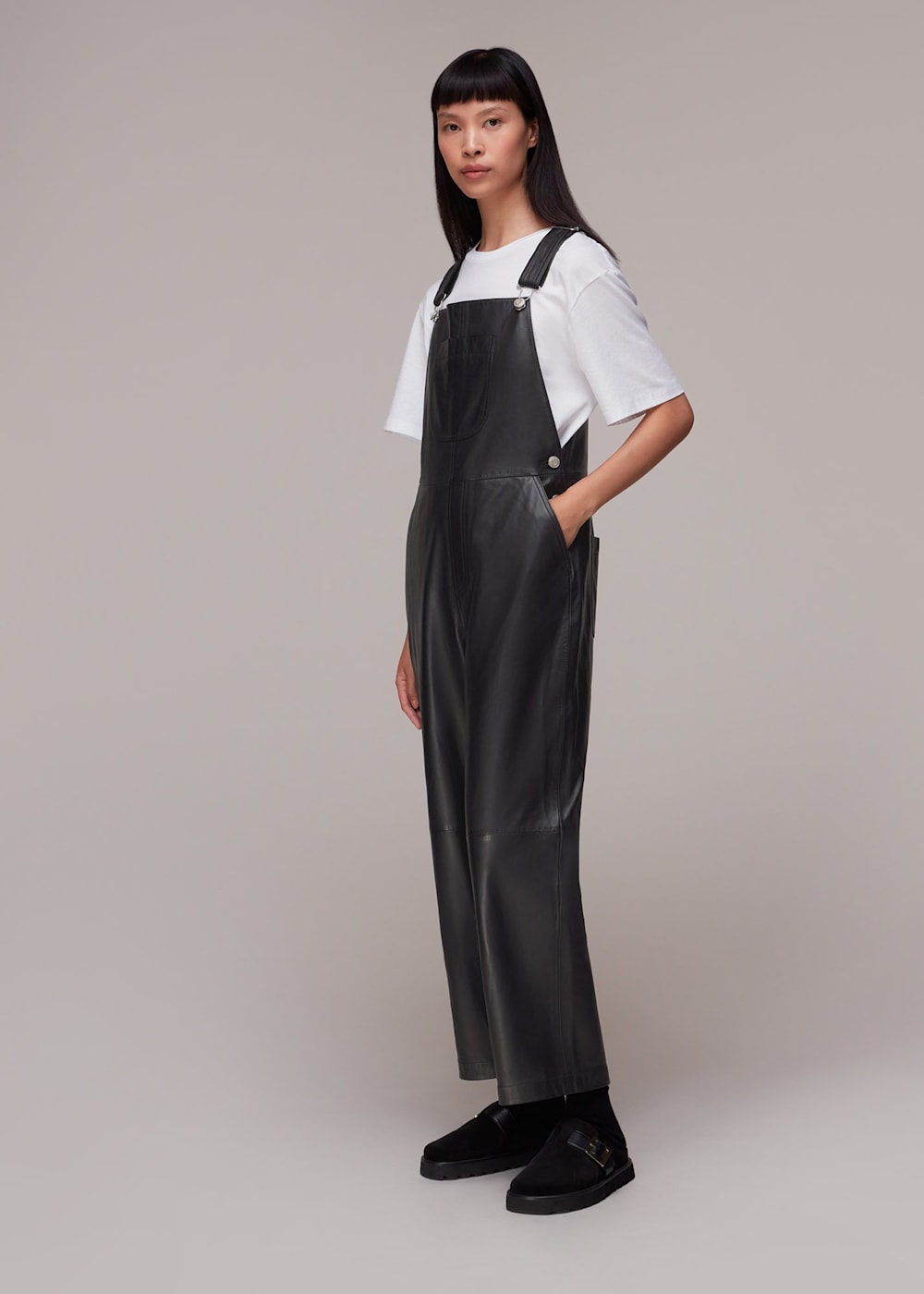 Black Leather Straight Leg Overalls Whistles ROW Whistles ROW