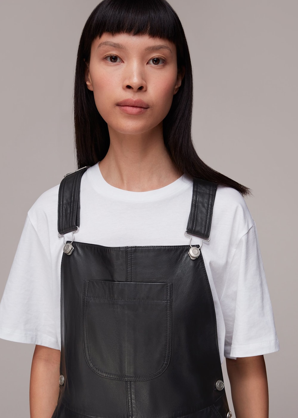 Black leather dungaree dress 2025