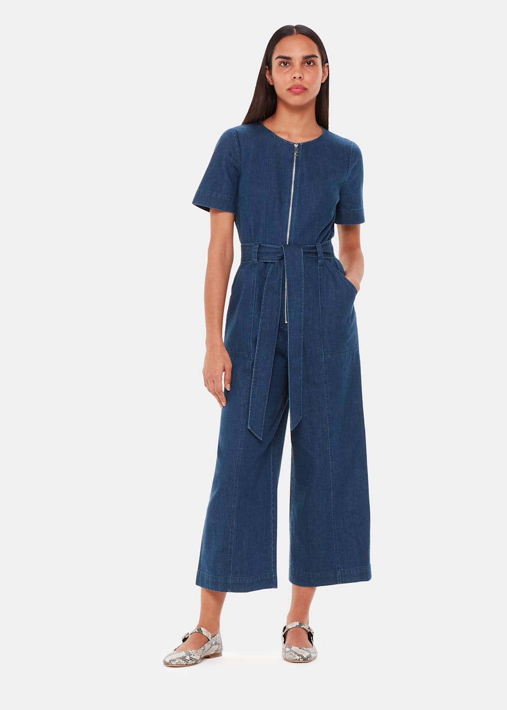 Blue Denim Short Sleeve Front Zip Jumpsuit Whistles UK Whistles UK
