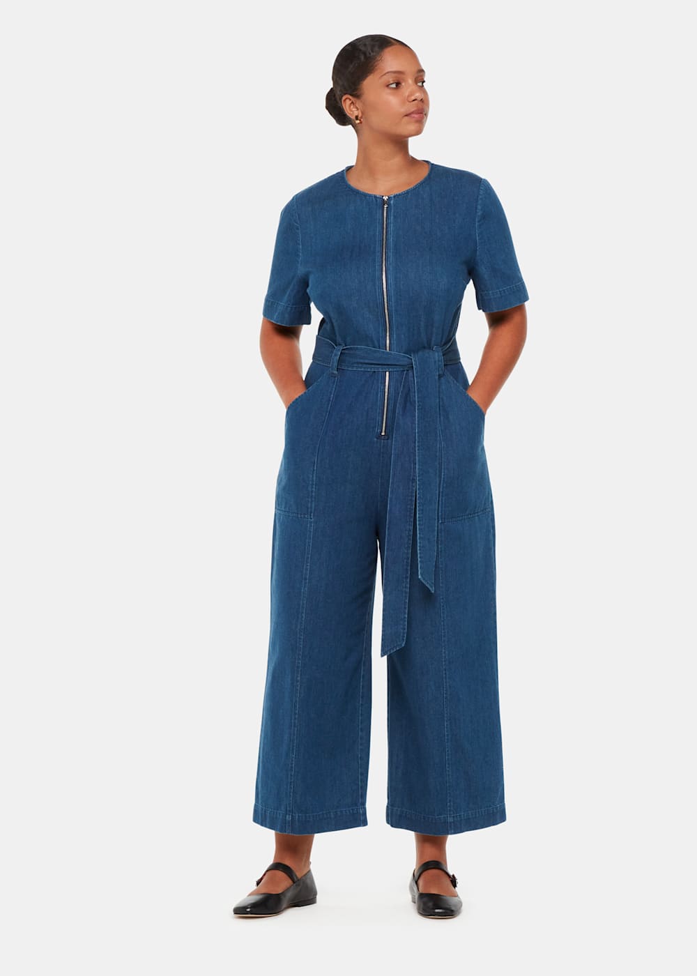 Blue Denim Short Sleeve Front Zip Jumpsuit Whistles UK Whistles UK