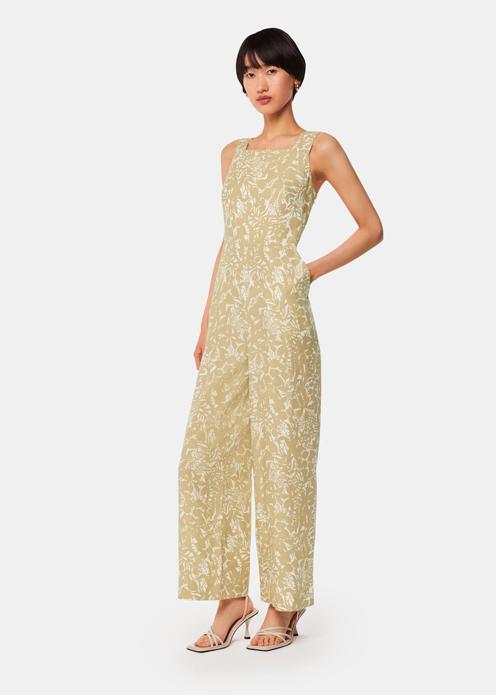 Khaki Multi Tropical Leaves Jumpsuit WHISTLES Whistles US