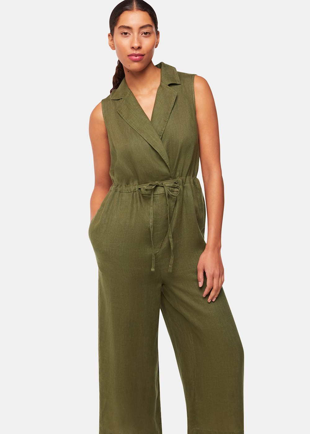 Linen khaki jumpsuit shop