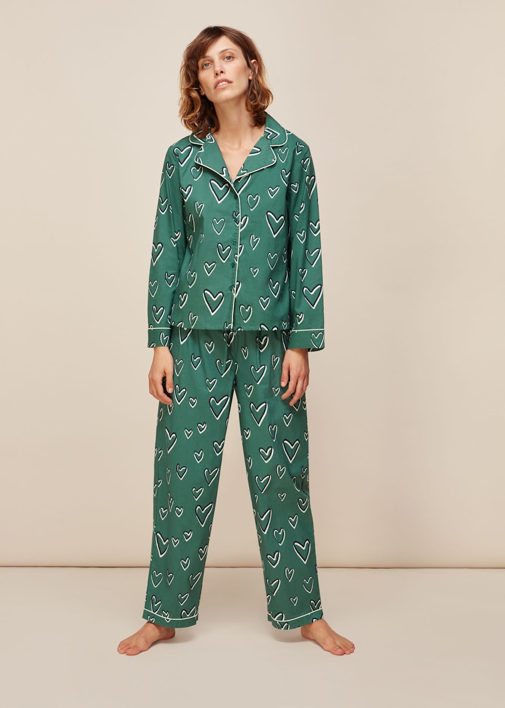 Green Multi Heart Print Cotton Pyjama Set WHISTLES Whistles UK