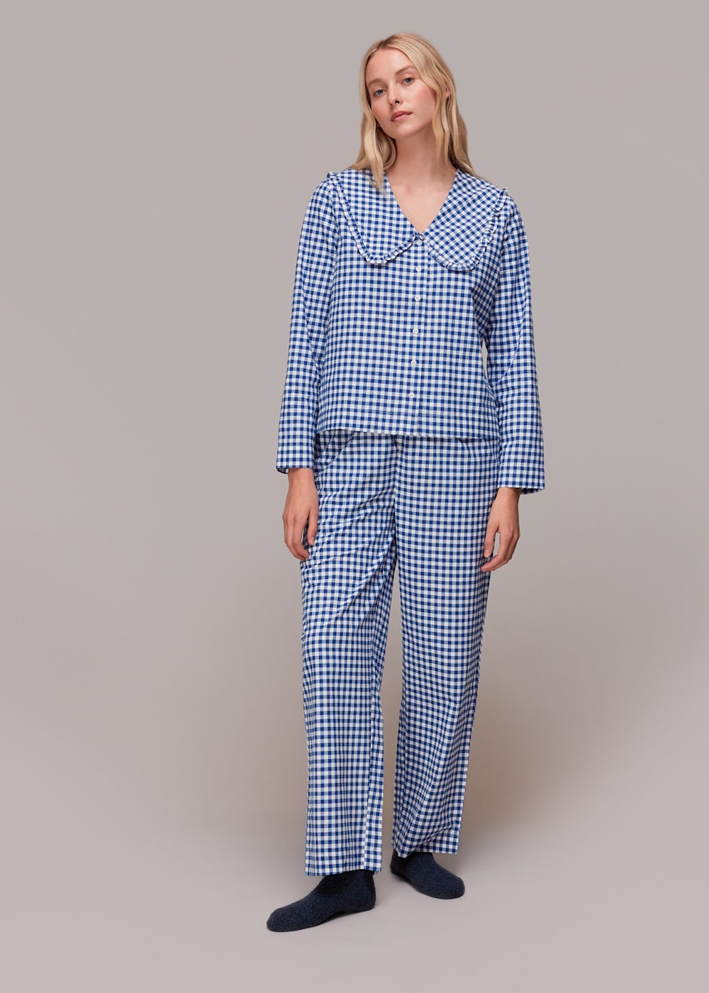 Blue Multi Gingham Collar Pyjamas WHISTLES Whistles UK