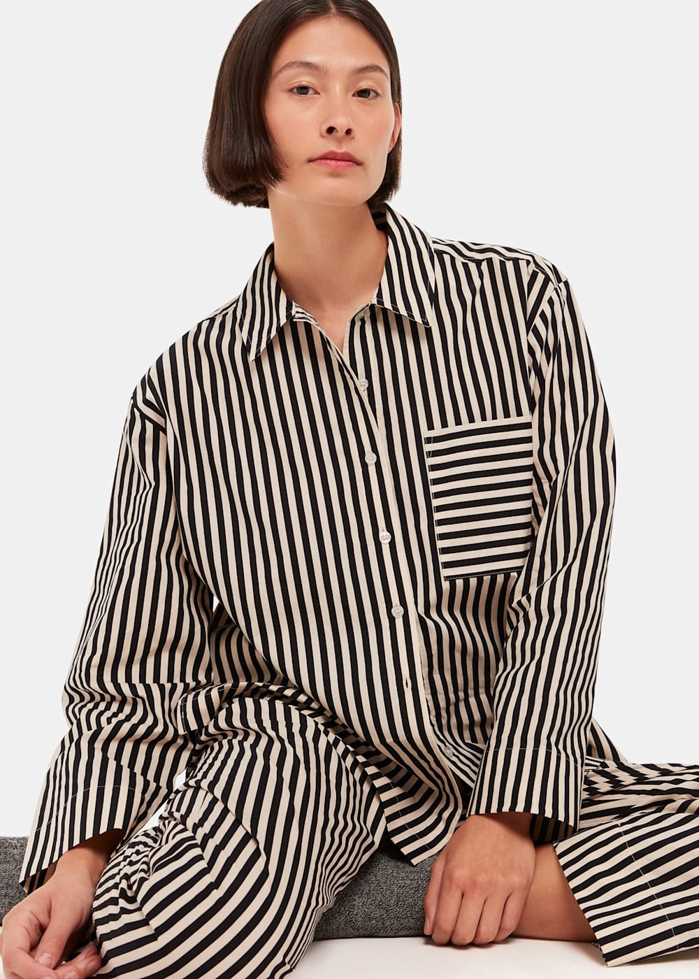 Black Multi Cotton Stripe Pyjama Shirt WHISTLES Whistles UK