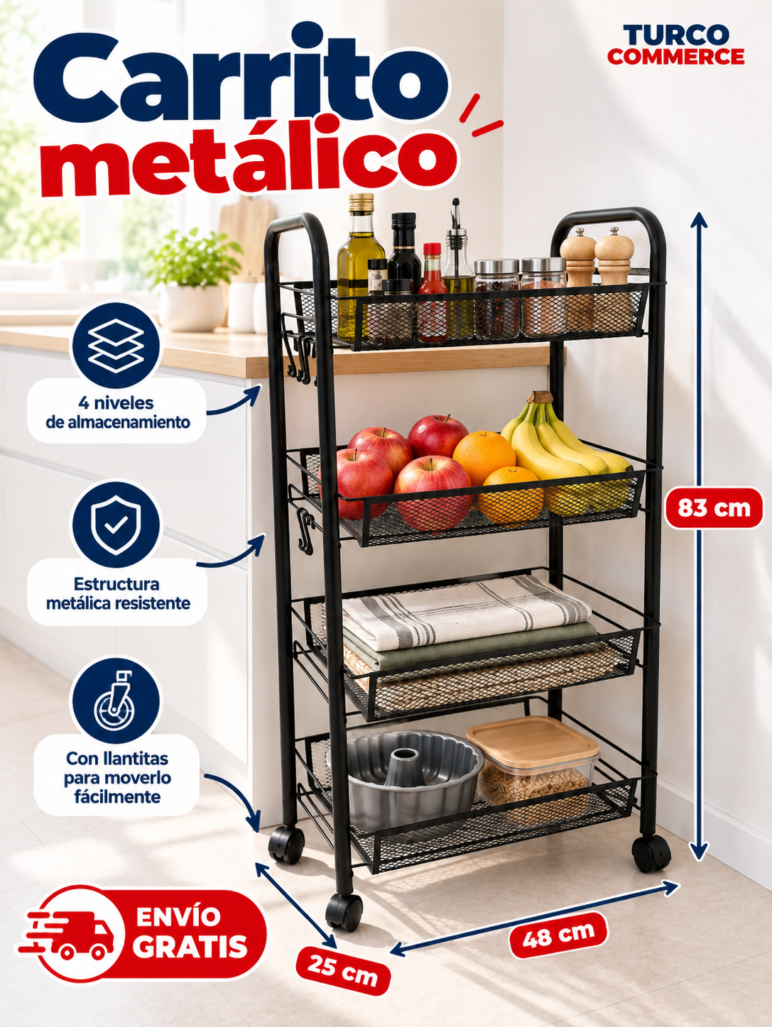 Carrito metálico negro de 4 niveles con fruta, condimentos, trapos y moldes