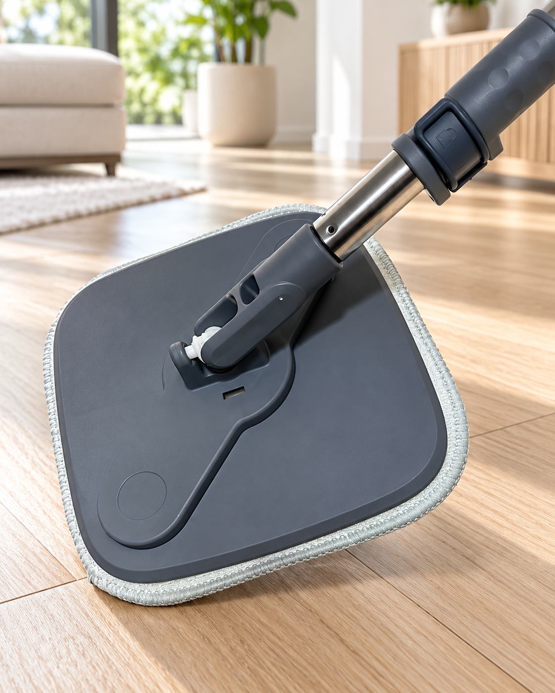 Cabezal cuadrado del trapeador con mopa de microfibra sobre piso de madera
