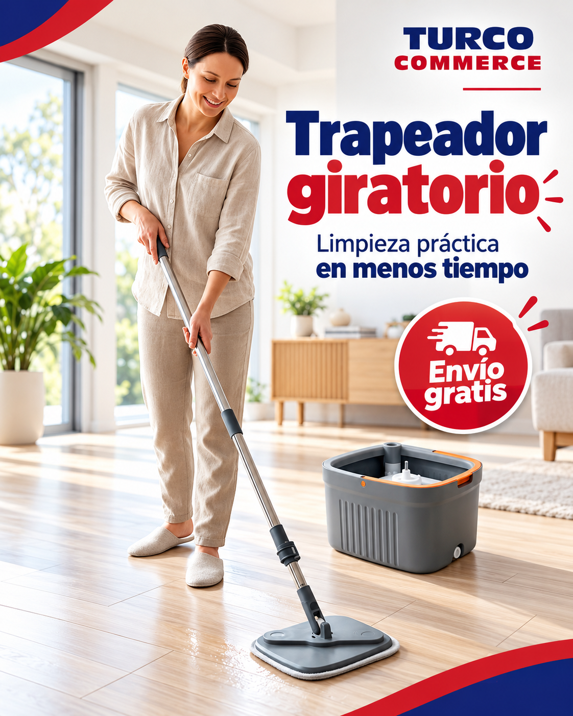 Persona trapeando el piso con el trapeador giratorio, con la cubeta al fondo