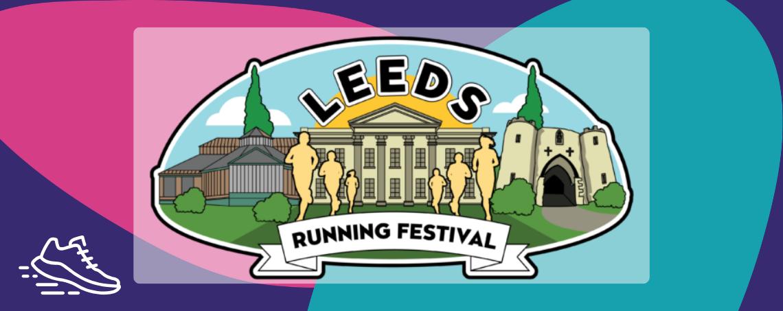 Logo for Leeds running festival with a drawing of the town hall and 6 runners
