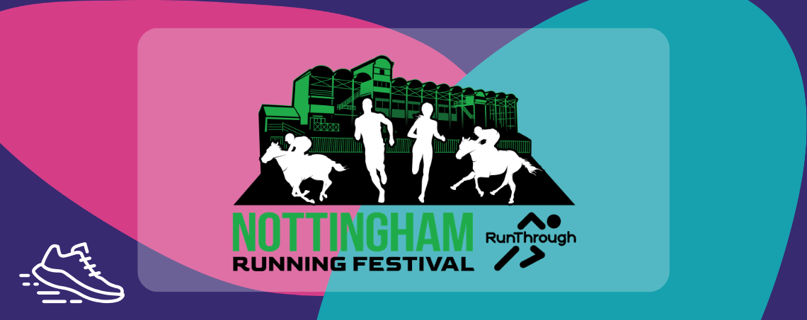 Silhouette of runners and horse racers in front of a drawing of the Nottingham racecourse