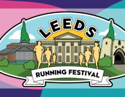 Logo for Leeds running festival with a drawing of the town hall and 6 runners