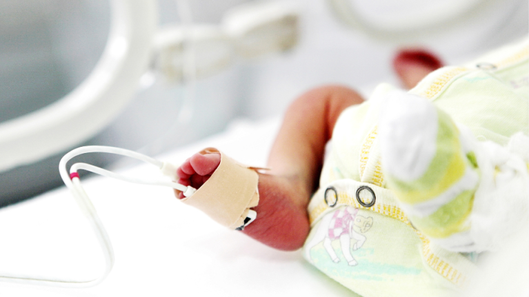 A premature baby's foot, with monitor attached, in an incubator