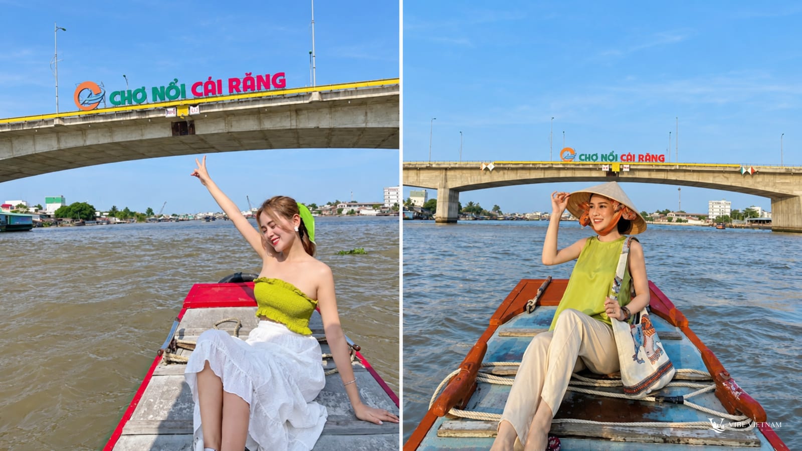 Du khách ngồi trên thuyền gỗ dưới chân cầu chợ nổi Cái Răng, Cần Thơ