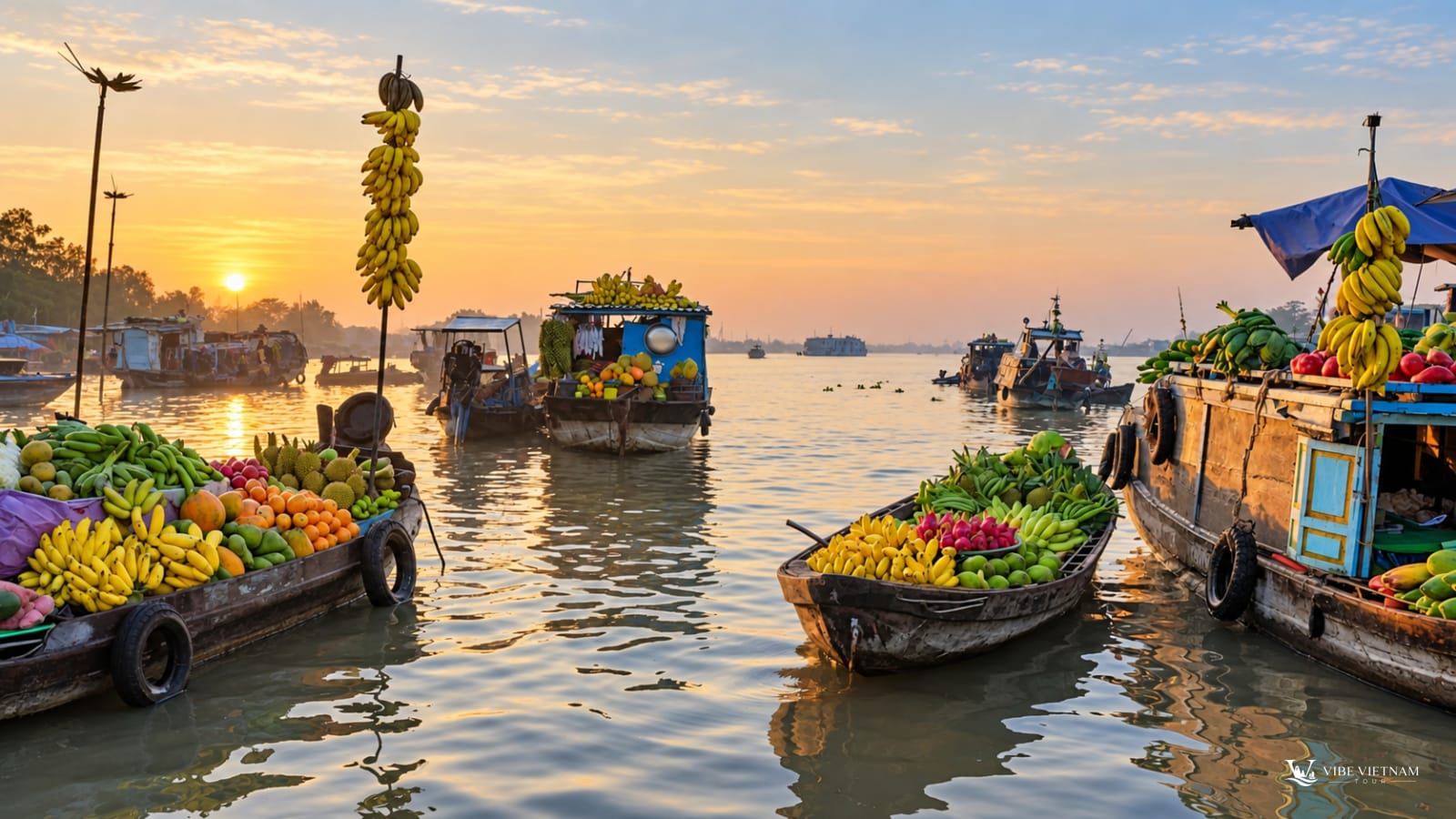 Chợ nổi Cái Răng tấp nập thuyền ghe chở đầy trái cây lúc bình minh