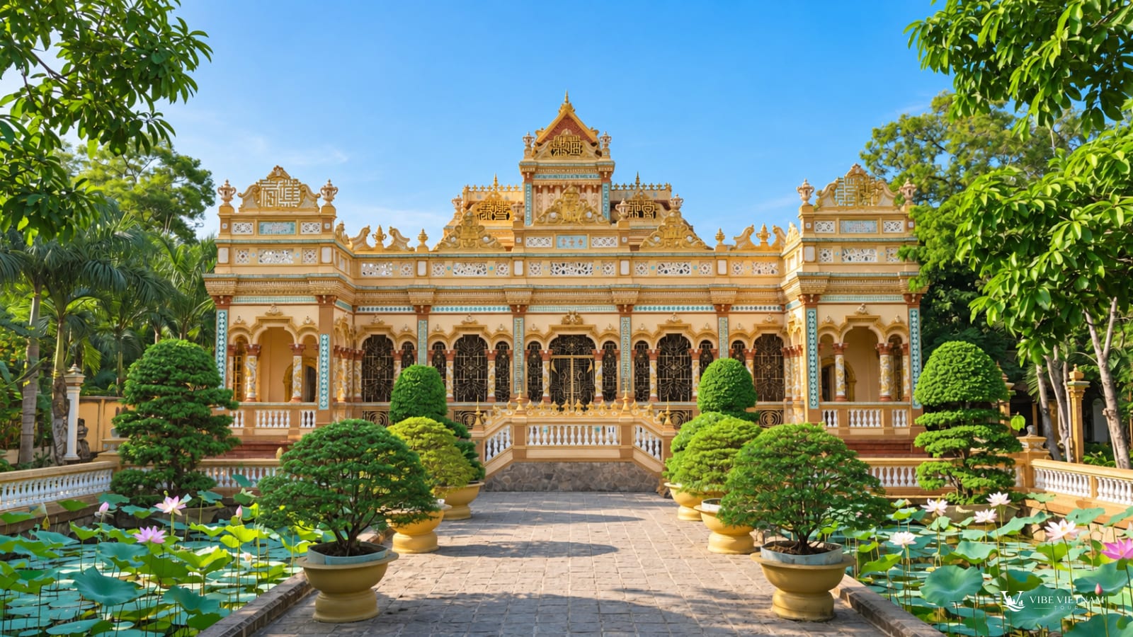 Chùa Vĩnh Tràng Mỹ Tho với chánh điện vàng rực và hồ sen trước sân