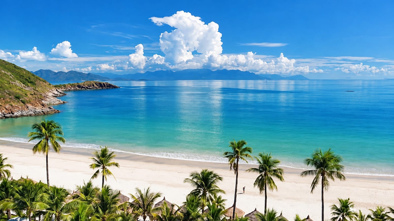 Bãi biển cát trắng, hàng dừa và dãy núi xa sau làn nước xanh ngọc